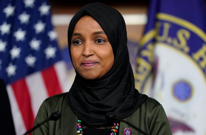 US Representative Ilhan Omar (D-MN) attends a news conference addressing the anti-Muslim comments made by Representative Lauren Boebert (R-CO) towards Omar, on Capitol Hill in Washington, US, November 30, 2021. (photo credit: REUTERS/ELIZABETH FRANTZ)