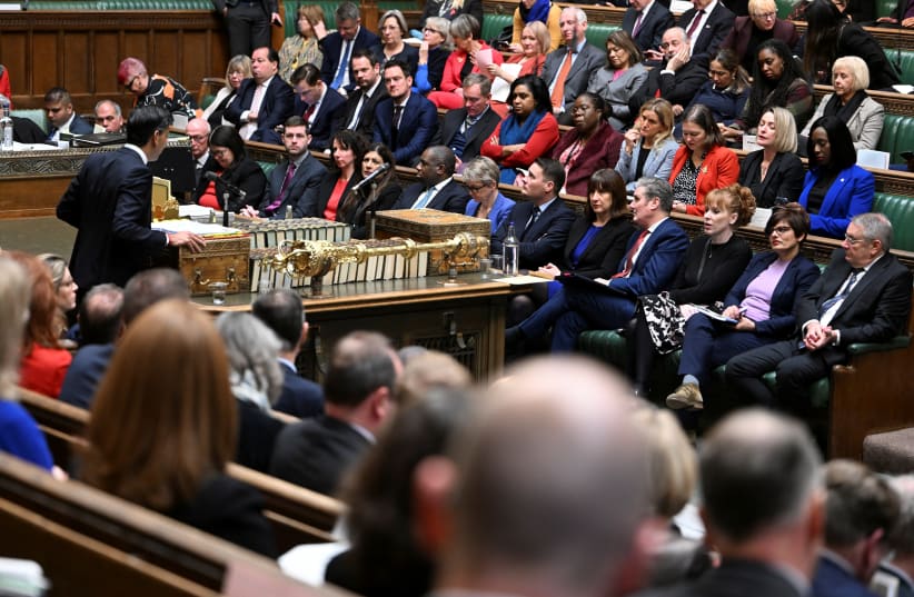  British Prime Minister Rishi Sunak speaks during the Prime Minister's Questions at the House of Commons in London, Britain, December 14, 2022 (photo credit: UK PARLIAMENT/JESSICA TAYLOR/HANDOUT VIA REUTERS)