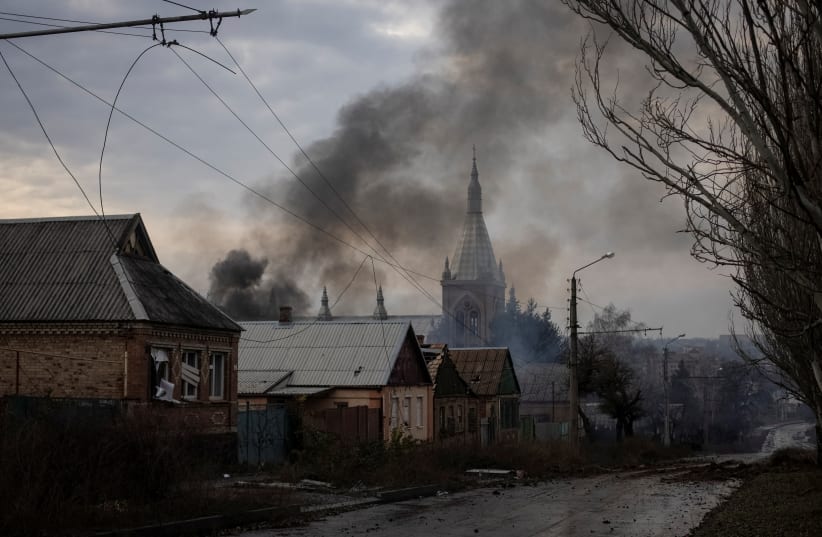  Residential houses are damaged by a Russian military strike, amid Russia's attack on Ukraine, in Bakhmut in Donetsk region, Ukraine, December 9, 2022. (photo credit: Yevhen Titov/Reuters)