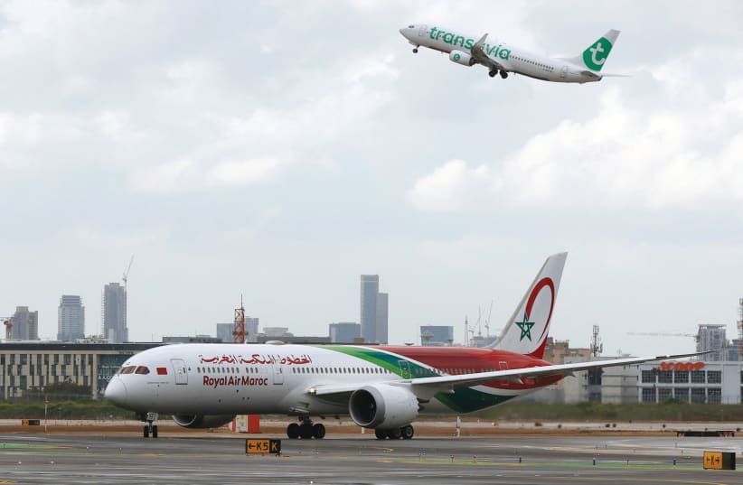  A ROYAL AIR MAROC Boeing 787-9 Dreamliner lands at Ben-Gurion Airport on March 13, after flying RAM’s first scheduled commercial flight from Casablanca. (photo credit: JACK GUEZ/AFP VIA GETTY IMAGES)