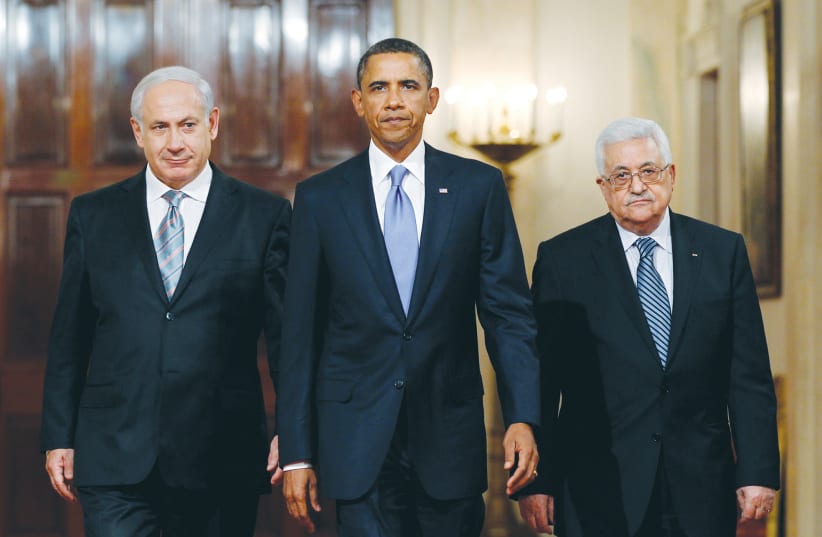 THEN PRESIDENT Barack Obama, then-prime minister Benjamin Netanyahu and PA head Mahmoud Abbas arrive to make a statement at the White House on peace talks, in 2010. When mediators consistently encourage compromise to people unwilling to do so, they’re setting themselves up to fail, says the writer (photo credit: REUTERS/JASON REED)