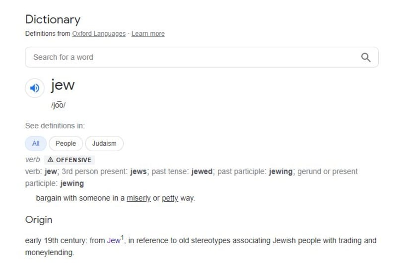  Google's definition of the word 'Jew,' as seen on December 27, 2022. (photo credit: screenshot)