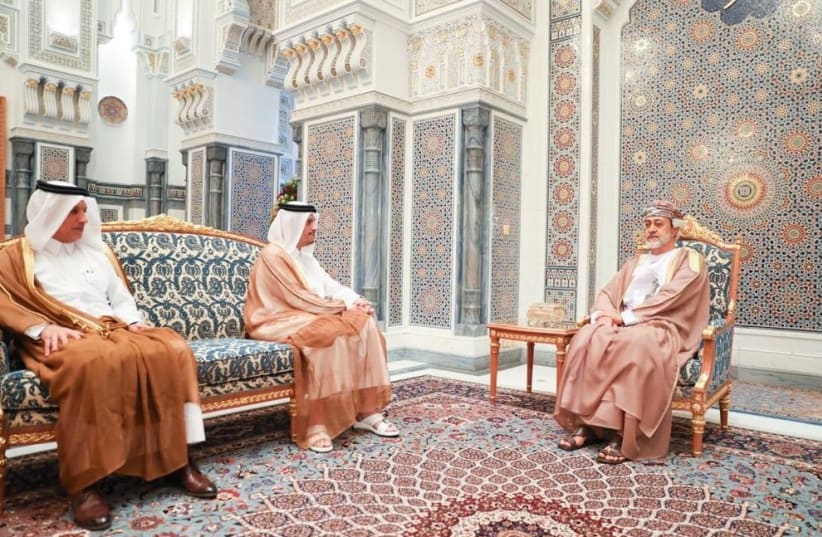  Omani Sultan Haitham bin Tarik al-Said, right, meets with Omani Foreign Minister Mohammed bin Abdulrahman Al-Thani in Muscat, Oman, May 21, 2020. (photo credit: Qatari Foreign Ministry/Handout/Anadolu Agency via GETTY IMAGES)