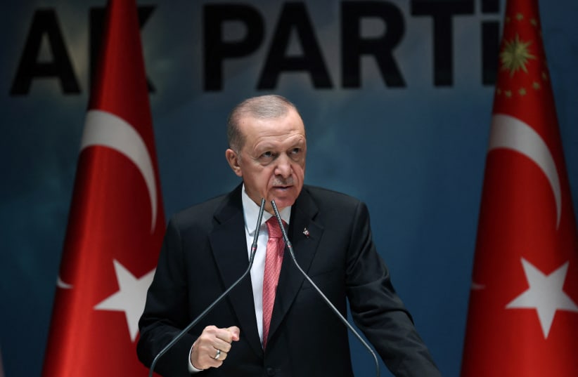  Turkish President Tayyip Erdogan speaks during a meeting of his ruling AK Party in Ankara, Turkey January 5, 2023.  (photo credit: TURKISH PRESIDENTIAL PRESS OFFICE/VIA REUTERS)
