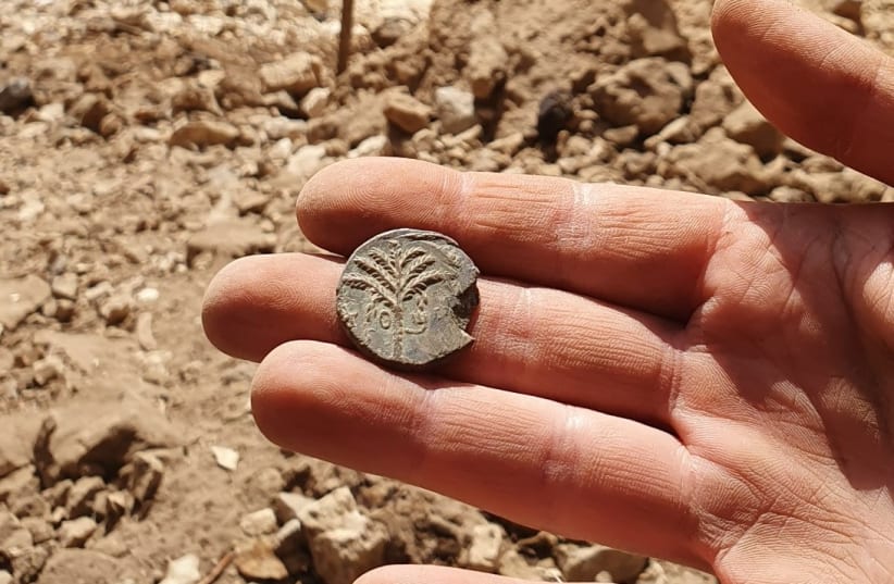A coin from the Bar Kochba revolt found during an archaeological dig in Murabba'at caves in the Nahal Darga Reserve in the Judean Desert. (photo credit: COURTESY OF IAA ROBBERY PREVENTION UNIT)