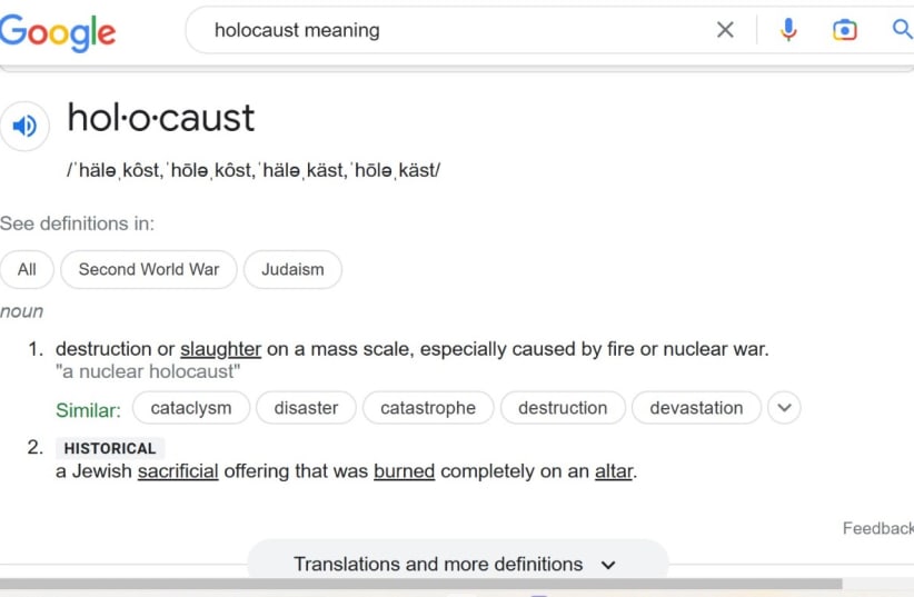  Google's definition of 'Holocaust,' as seen on January 6, 2023. (photo credit: screenshot)