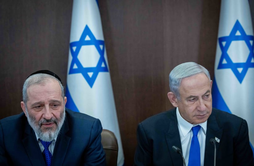  Israeli Prime Minister Benjamin Netanyahu with Health Minister and Interior Minister Arye Deri at a government conference at the Prime Minister's Office in Jerusalem on January 15, 2023.  (photo credit: YONATAN SINDEL/FLASH90)