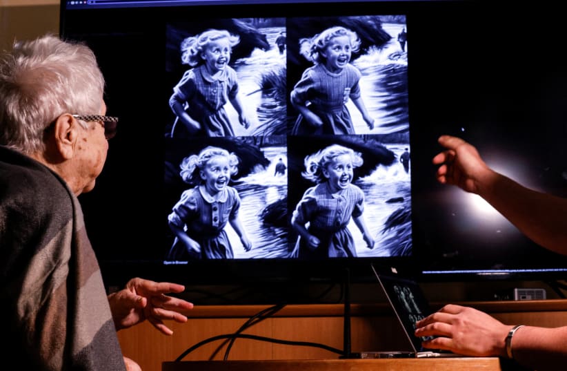 Holocaust survivor Ehudith Bracha Serchook, 86, who was born in Odesa recalls a memory that is transformed into images using Midjourney, an artificial intelligence program that creates images from textual description. (photo credit: REUTERS/AMIR COHEN)