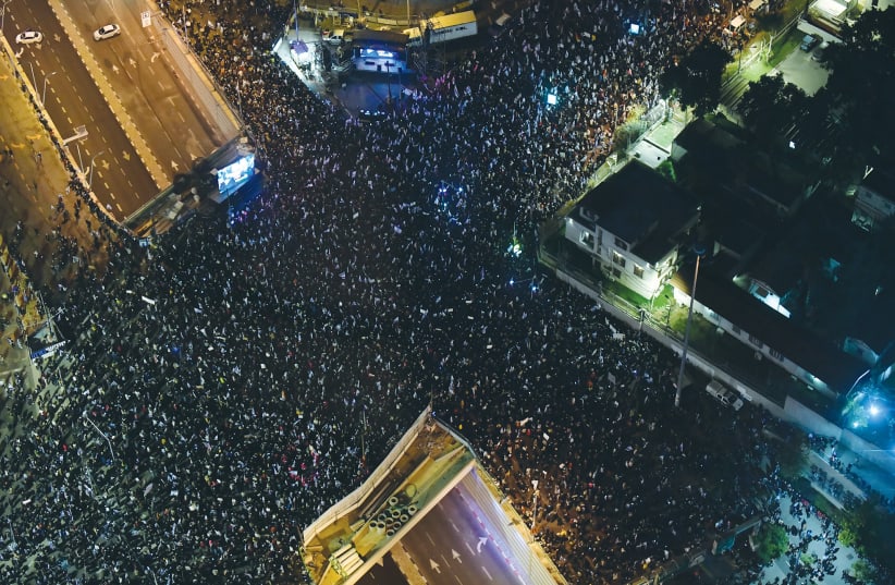  SOME 100,000 people gather in Tel Aviv on January 21 to protest the government’s proposed changes to the judicial system.  (photo credit: TOMER NEUBERG/FLASH90)