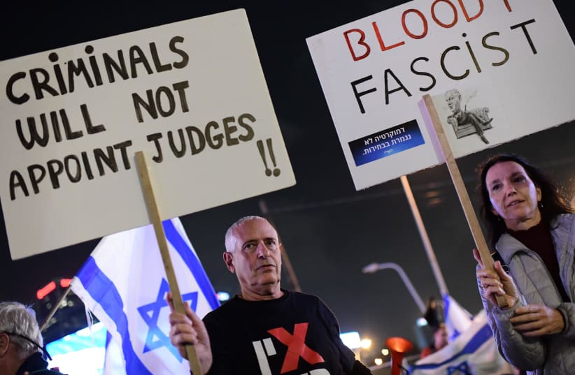  Israelis protest against the proposed changes to the legal system, in Tel Aviv, on January 28, 2023 (photo credit: TOMER NEUBERG/FLASH90)