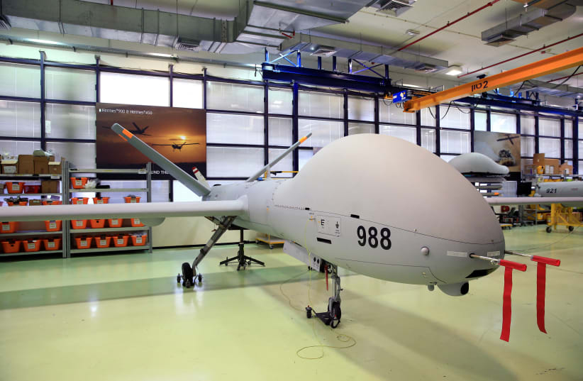  An Elbit Systems Ltd. Hermes 900 unmanned aerial vehicle (UAV) is seen at the company's drone factory in Rehovot, Israel, June 28, 2018. Picture taken June 28, 2018.  (photo credit: REUTERS/OREL COHEN/FILE PHOTO )