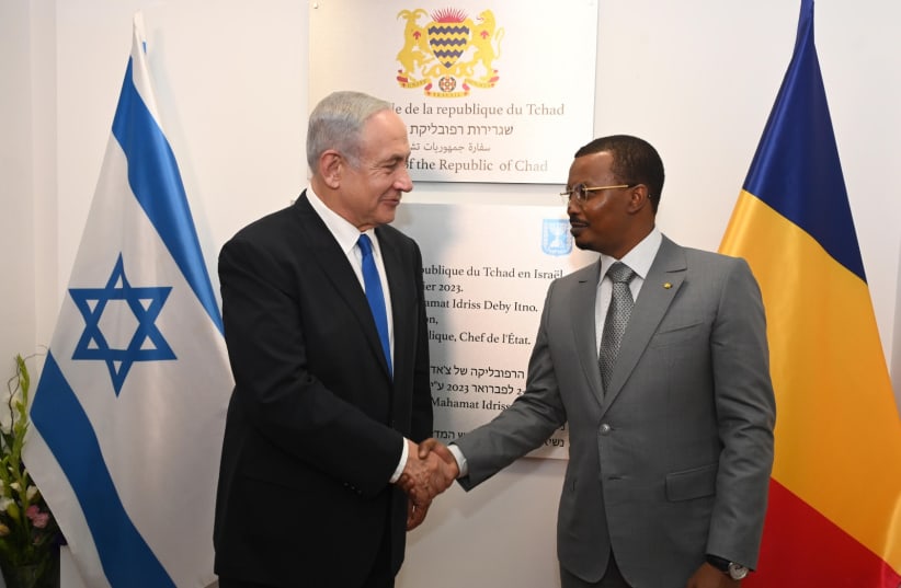 Prime Minister Benjamin Netanyahu and President of Chad Mahamat Déby at the inauguration of the Chadian embassy in Israel. (photo credit: CHAIM TZACH/GPO)