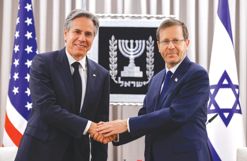  PRESIDENT ISAAC Herzog meets with US Secretary of State Antony Blinken at the President’s Residence in Jerusalem, last week. Don’t blame Blinken for last week’s low moment in Zionist history, says the writer.  (photo credit: OLIVIER FITOUSSI/FLASH90)