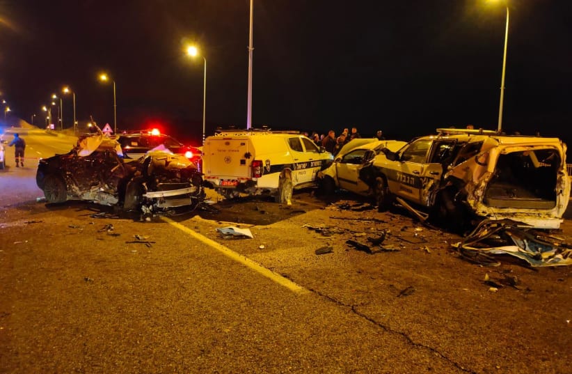  The scene of the car crash where a car rammed into three police cars February 11, 2023. (photo credit: ISRAEL POLICE SPOKESPERSON'S UNIT)