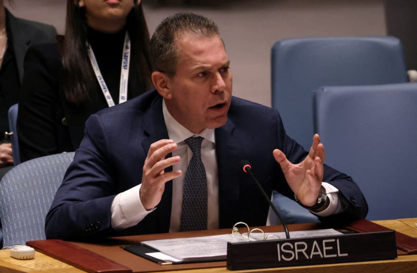  Israel’s Ambassador to the United Nations Gilad Erdan addresses the United Nations Security Council, February 20, 2023. (photo credit: REUTERS/MIKE SEGAR)