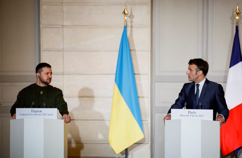 French President Emmanuel Macron and Ukraine's President Volodymyr Zelenskiy attend a joint statement with German Chancellor Olaf Scholz at the Elysee Palace in Paris, France, February 8, 2023 (photo credit: REUTERS/SARAH MEYSSONNIER)
