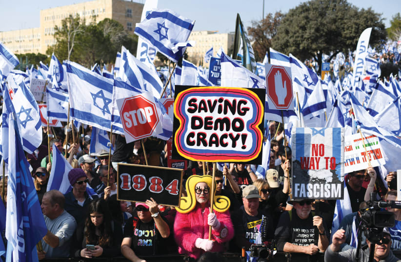  Thousands of Israelis rally against the goverment’s judicial overhaul bills outside the Knesset, earlier this week.  (photo credit: GILI YAARI/FLASH90)