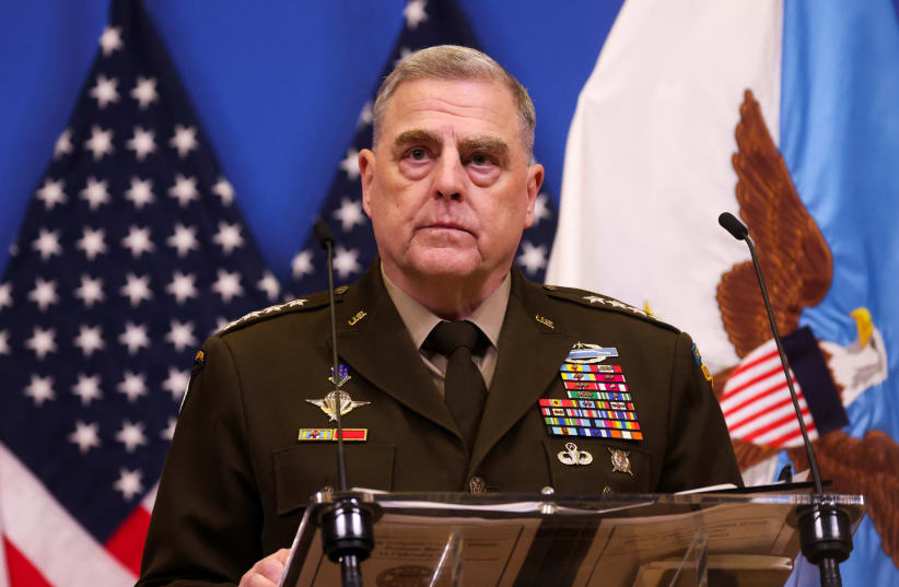 US Chairman of the Joint Chiefs of Staff General Mark A. Milley looks on as he attends a news conference with US Secretary of Defense Lloyd Austin (not pictured), on the day of the NATO defence ministers' meeting at the Alliance's headquarters in Brussels, Belgium, February 14, 2023. (photo credit:  REUTERS/JOHANNA GERON)