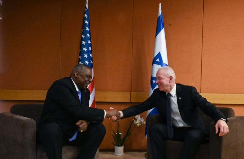 Defense Minister Yoav Gallant and US Secretary Lloyd Austin (photo credit: ARIEL HARMONI/DEFENSE MINISTRY)