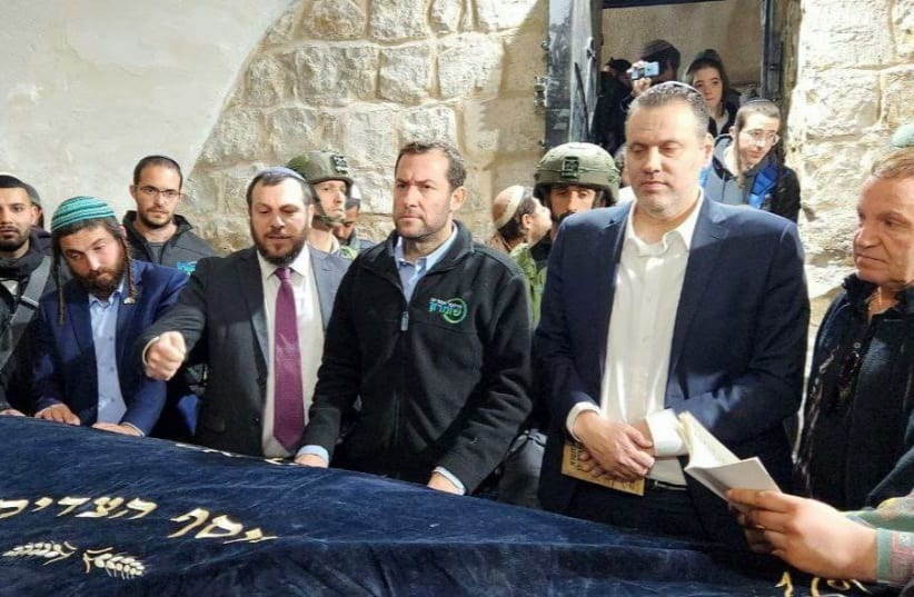  Culture Minister Miki Zohar, Heritage Minister Amichai Eliyahu, MK Zvi Sukkot and Samaria Regional Council head Yossi Dagan at Joseph's Tomb. (photo credit: SAMARIA REGIONAL COUNCIL)