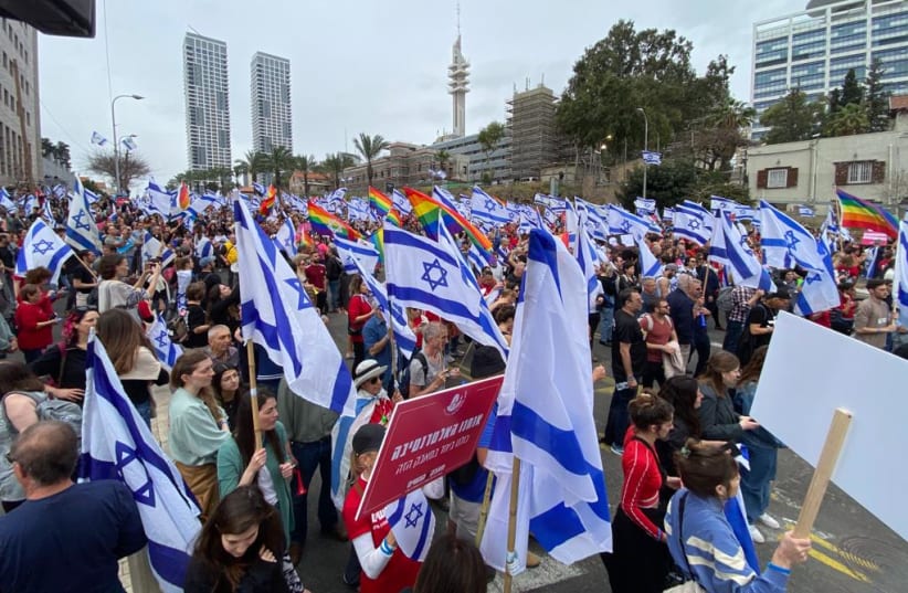  Thousands march in protest of the judicial reform in Tel Aviv, March 23, 2023. (photo credit: AVSHALOM SASSONI/MAARIV)