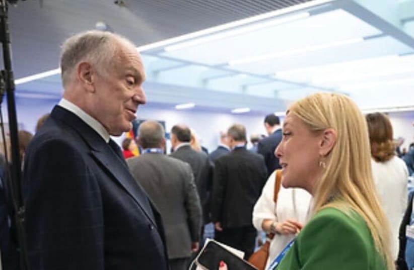  Ruth Wasserman Lande speaks with World Jewish Congress President Ronald Lauder at a recent gathering of the WJC leadership in Madrid. (photo credit: SHAHAR AZRAN)