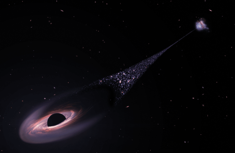  This is an artist's impression of a runaway supermassive black hole that was ejected from its host galaxy as a result of a tussle between it and two other black holes. As the black hole plows through intergalactic space it compresses gas and forms stars (Illustrative). (photo credit: NASA, ESA, Leah Hustak (STScI))