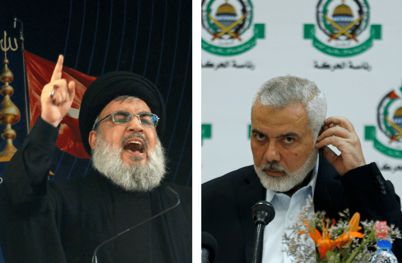  LEFT: Hezbollah leader Sayyed Hassan Nasrallah RIGHT: Hamas Chief Ismail Haniyeh (photo credit: REUTERS/AZIZ TAHER, REUTERS/MOHAMMED SALEM)