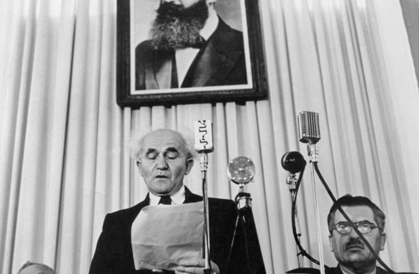  Founder of the state of Israel David Ben-Gurion reads the proclamation that will establish Israel as an independent nation. Tel-Aviv, May 14th, 1948 (photo credit: © Robert Capa / ICP / Magnum Photos, courtesy °CLAIRbyKahn)