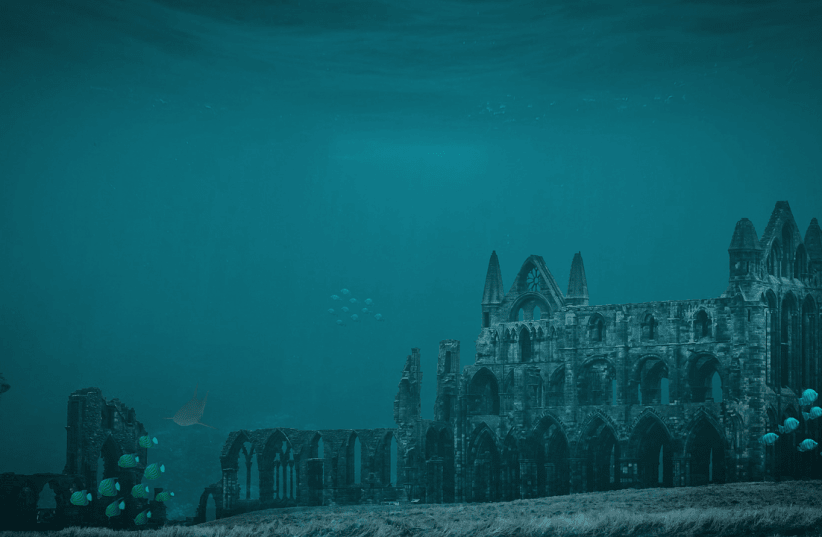  Illustrative image of an underwater temple. (photo credit: PIXABAY)