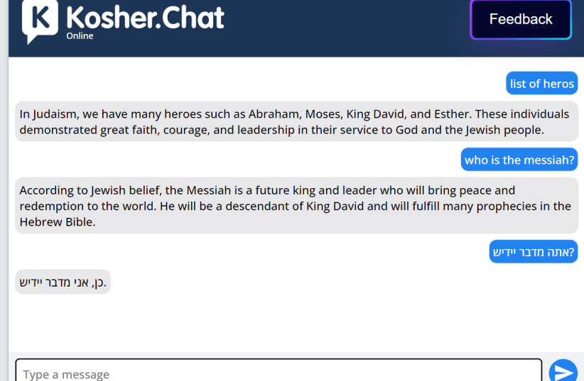  Kosher.Chat, the alternative AI chatbot to ChatGPT appropriate for Orthodox Jews. (photo credit: Screenshot/Moishy Goldstein)