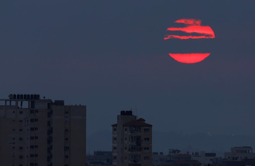  A view of the skyline in the aftermath of Israeli military strikes on Islamic Jihad targets, in Gaza, May 9, 2023.  (photo credit: MOHAMMED SALEM/REUTERS)