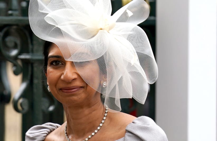 HOME SECRETARY Suella Braverman arrives at London’s Westminster Abbey ahead of the coronation, May 6.  (photo credit: ANDREW MILLIGAN/POOL VIA REUTERS)