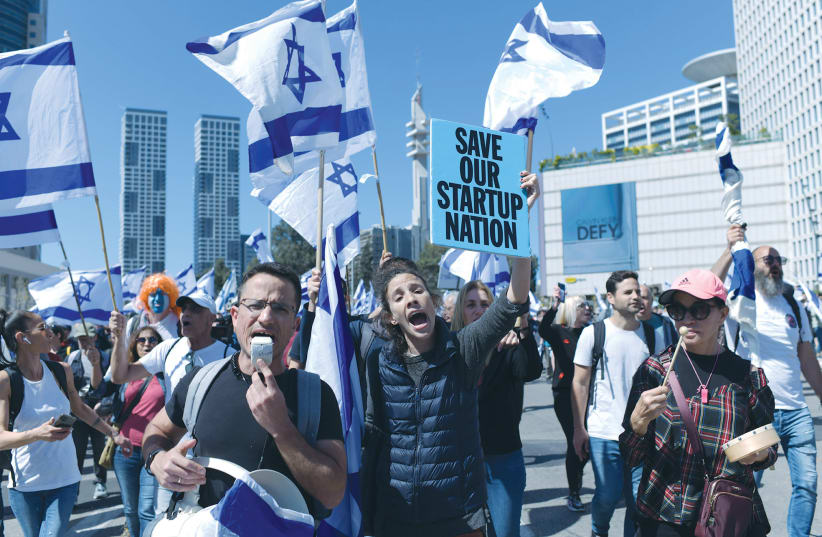  A PROTEST against the government’s planned judicial overhaul takes place in Tel Aviv, in March. Did Prime Minister Netanyahu underestimate the response of the Start-Up Nation?  (photo credit: TOMER NEUBERG/FLASH90)