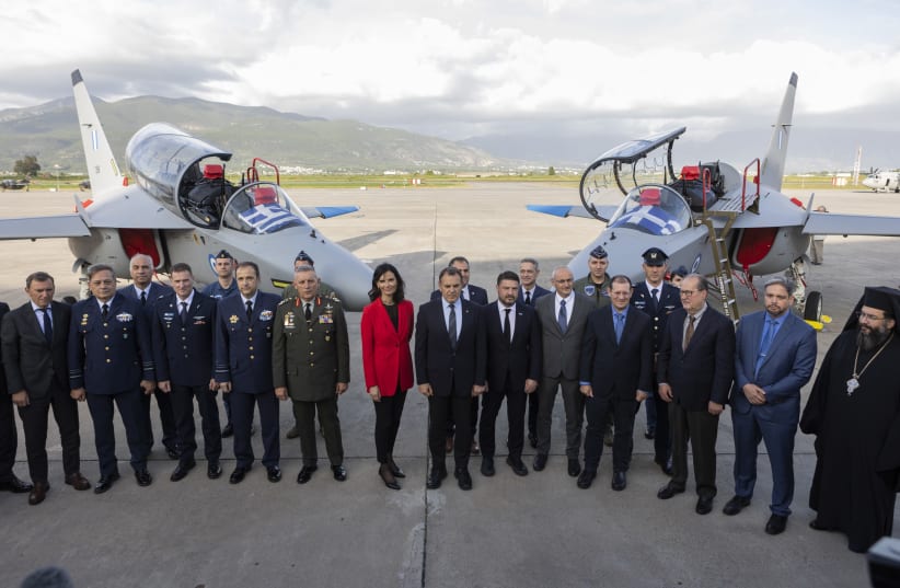  Top Greek and Israeli defense establishment officials at ceremony on Wednesday for delivery of two new training aircraft. (photo credit: ELBIT SYSTEMS)