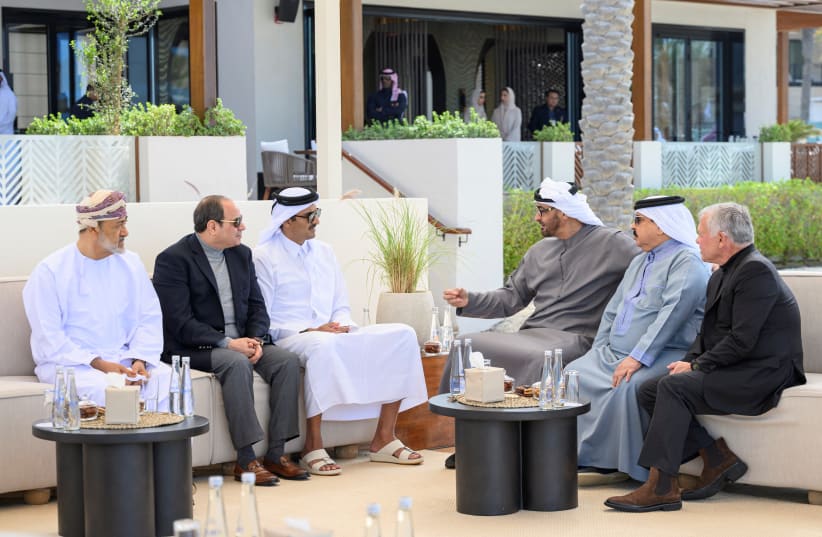 Abdel Fattah El Sisi, President of Egypt and Sayyid Haitham Bin Tariq Al Said, Sultan of Oman take part in a consultative meeting in the UAE. (photo credit: RYAN CARTER/UAE Presidential Court/Handout via REUTERS)