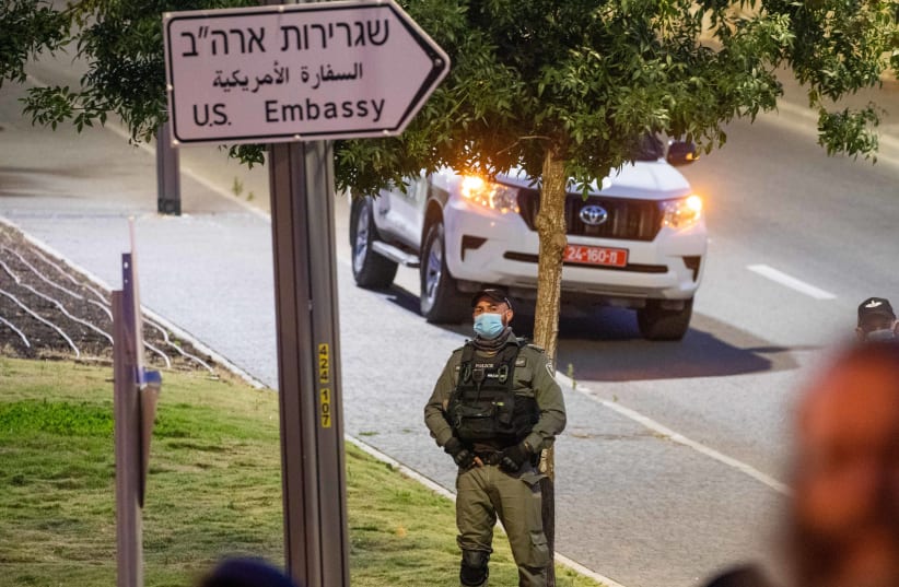  Israeli border police officers guard during a protest against US President Donald Trump's "Deal of the Century" outside the US Embassy in Jerusalem on June 18, 2020.  (photo credit: YONATAN SINDEL/FLASH90)