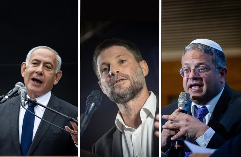  FROM L: Israeli Prime Minister Benjamin Netanyahu, Finance Minister Bezalel Smotrich, and National Security Minister Itamar Ben-Gvir (photo credit: YONATAN SINDEL/FLASH90/CANVA)