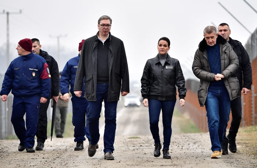  Hungary's President Katalin Novak, Serbia's President Aleksandar Vucic and former Czech Prime Minister Andrej Babis visit the Hungarian-Serbian border barrier near Kelebia, Hungary, December 15, 2022. (photo credit: REUTERS/MARTON MONUS)