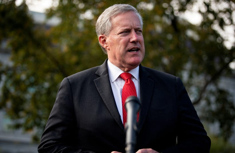 White House Chief of Staff Mark Meadows speaks to reporters following a television interview, outside the White House in Washington, U.S. October 21, 2020.  (photo credit: REUTERS/AL DRAGO/FILE PHOTO)