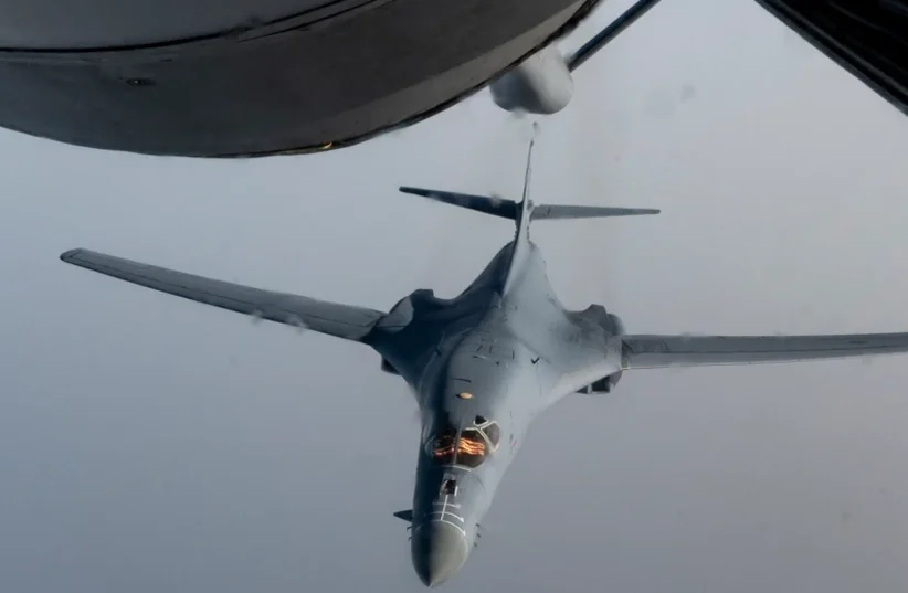 A US Air Force B-1 Lancer departs after aerial refueling from a KC-135 Stratotanker assigned to the 912th Expeditionary Air Refueling Squadron while conducting a Bomber Task Force mission over the U.S. Central Command area of responsibility, June 8, 2023.  (photo credit: CENTCOM, US military)