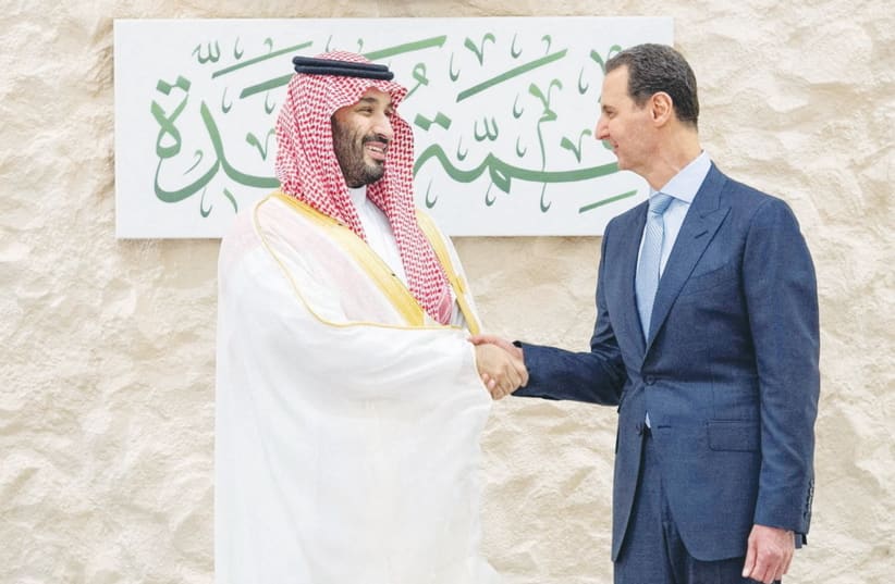  SAUDI ARABIA’S Crown Prince Mohammed bin Salman meets with Syrian President Bashar Assad ahead of the Arab League Summit, in Jeddah, last month. (photo credit: Saudi Royal Court/Reuters)