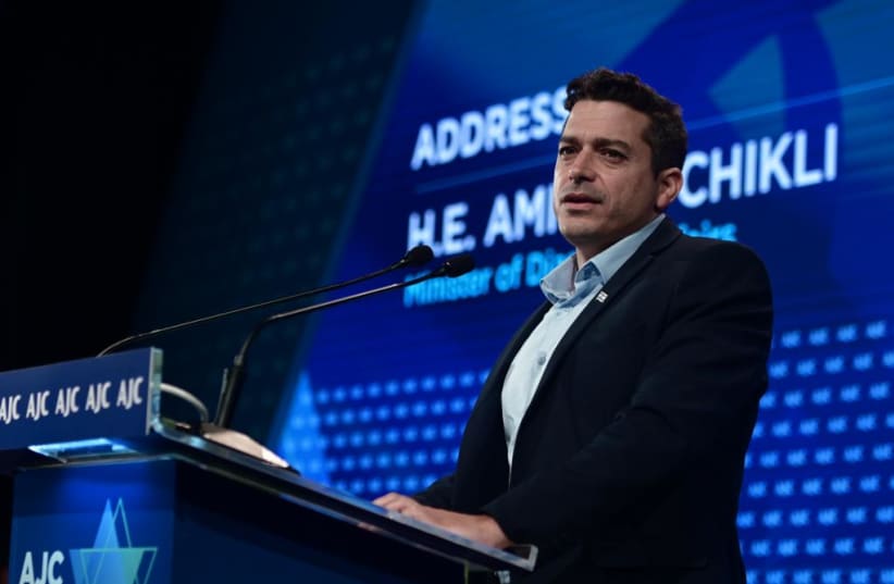  Israeli Diaspora Affairs and Combatting Antisemitism Minister Amichai Chikli is seen addressing the American Jewish Committee (AJC) conference in Tel Aviv, on June 14, 2023. (photo credit: AVSHALOM SASSONI/MAARIV)