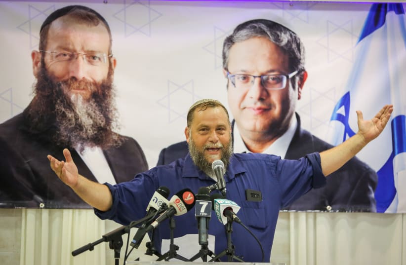  Benzi Gopshtein speaks during an Otzma Yehudit party election campaign event in Jerusalem on July 4, 2019 (photo credit: YONATAN SINDEL/FLASH90)