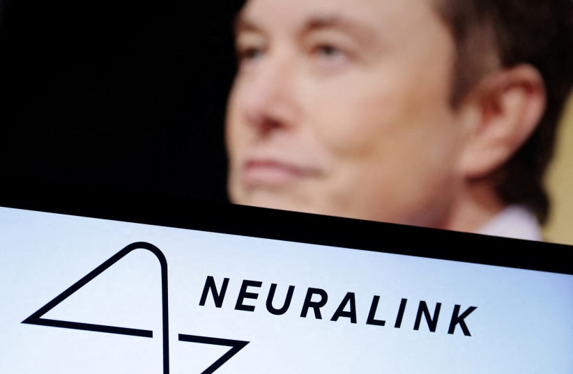  Neuralink logo and Elon Musk photo are seen in this illustration taken, December 19, 2022 (photo credit: REUTERS)