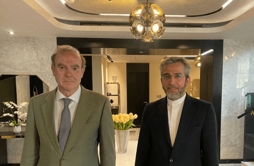  European Union mediator Enrique Mora (left) with Iranian chief nuclear negotiator Ali Bagheri Kani in Qatar (photo credit: FARS NEWS AGENCY)