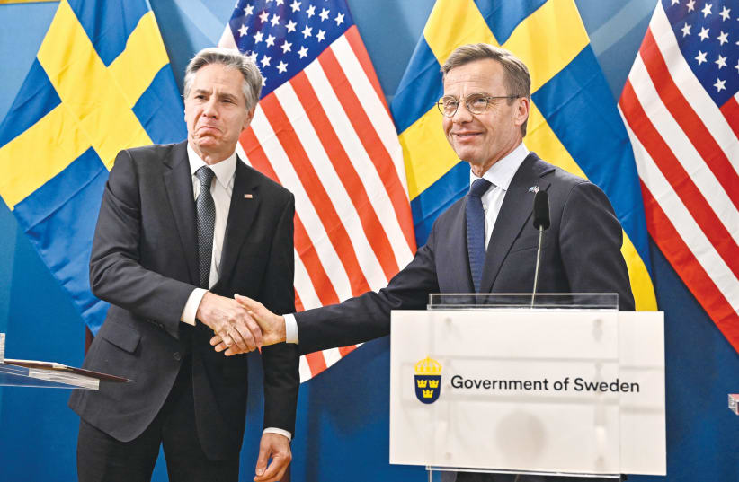  US SECRETARY of State Antony Blinken and Sweden’s Prime Minister Ulf Kristersson shake hands during a press conference, in Lulea, Sweden, last month. (photo credit: TT News Agency/Jonas Ekstroemer)