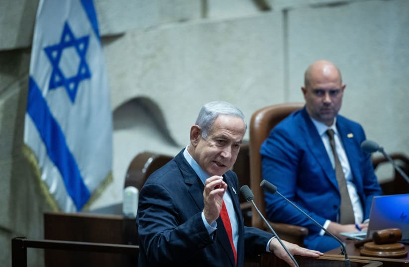  Israeli Prime Minister Benjamin Netanyahu attends a 40 signatures debate, at the plenum hall of the Knesset, the Israeli parliament in Jerusalem, on June 26, 2023.  (photo credit: YONATAN SINDEL/FLASH90)