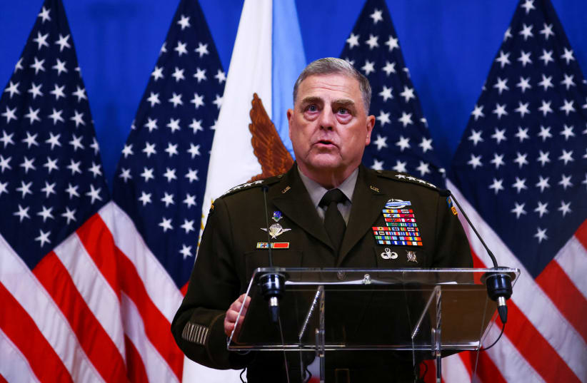 U.S. Chairman of the Joint Chiefs of Staff General Mark A. Milley holds a news conference on the day of a NATO Defence Ministers' meeting at the Alliance's headquarters in Brussels, Belgium June 15, 2023. (photo credit: YVES HERMAN/REUTERS)