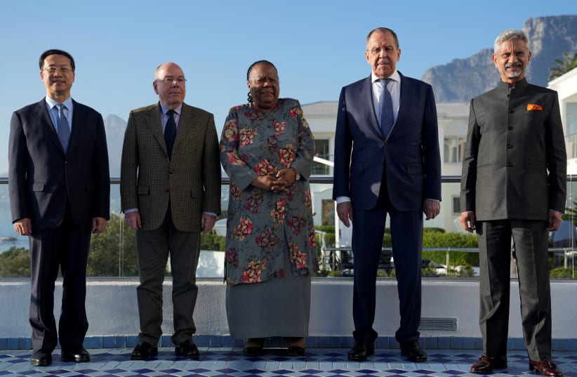  China's Vice Foreign Minister Ma Zhaoxu, Brazil's Foreign Minister Mauro Vieira, South Africa's Foreign Minister Naledi Pandor, Russia's Foreign Minister Sergei Lavrov and India's Foreign Minister Subrahmanyam Jaishankar attend a BRICS foreign ministers' meeting in Cape Town, South Africa, June 1. (photo credit: Nic Bothma/Reuters)